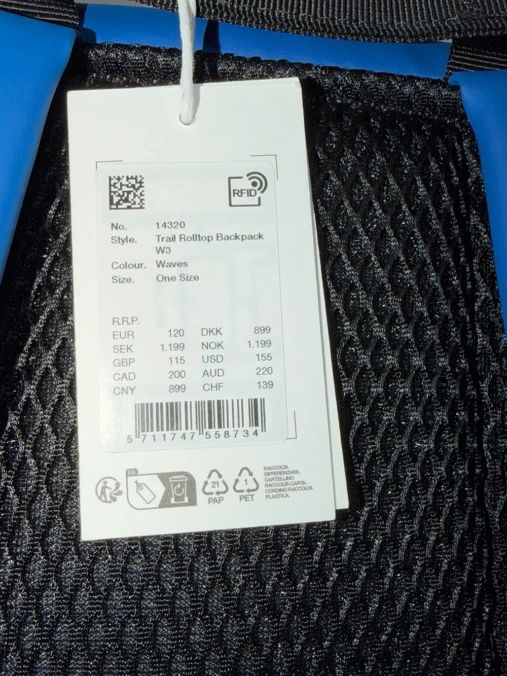 Rains Blue and Black Roll-Top Backpack